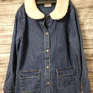 Hanna Andersson Jacket Girl's Sz. 140 Jean Denim Snap Faux Fur Sherpa EUC